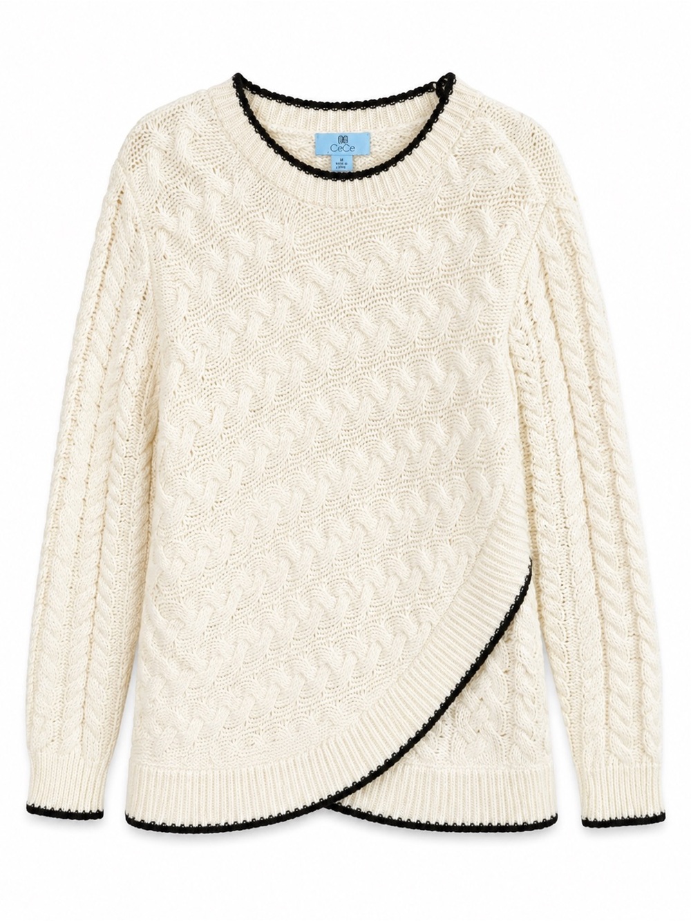 CeCe Cable Knit Sweater Womens 1X Cream Ivory Black Contrast Trim Asymmetric Hem